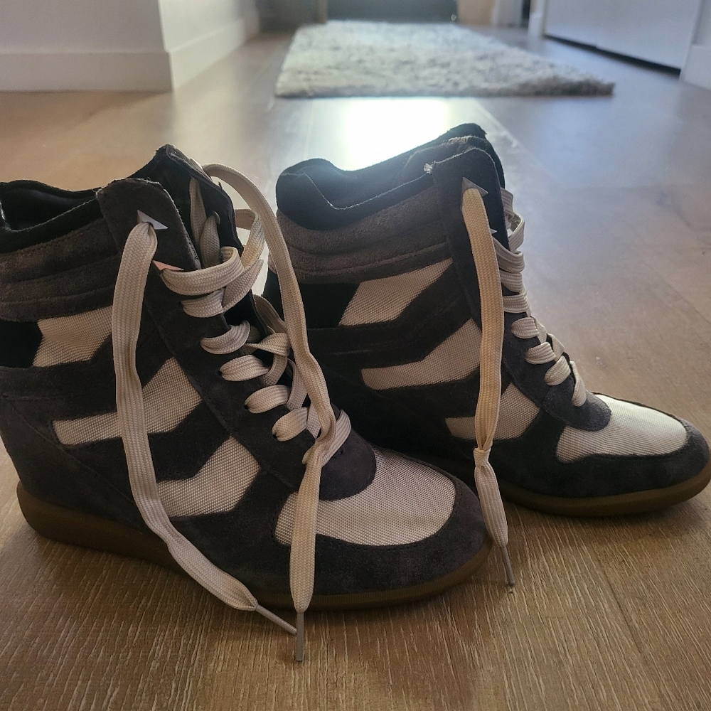 Sam Edelman Bennett Wedge Suede Sneaker Lace Up Grey Cream Fashion Shoes